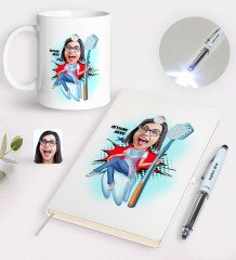Kişiye Özel Kadın Diş Hekimi Karikatürlü Defter Kupa ve Dokunmatik Işıklı Kalem Seti-4