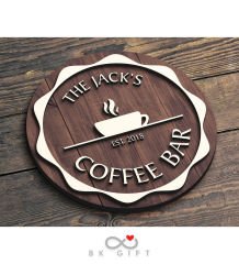 BK Gift Kişiye Özel Dekoratif Yuvarlak Ahşap Coffee Bar Tabelası 43cm - Model 3