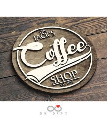 BK Gift Kişiye Özel Dekoratif Yuvarlak Ahşap Coffee Shop Tabelası 43cm - Model 3