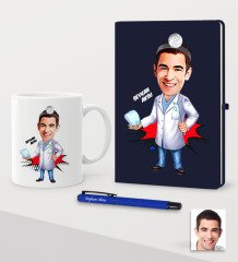 Kişiye Özel Bay Diş Hekimi Karikatürlü Lacivert Defter Kalem Kupa Seti - 3