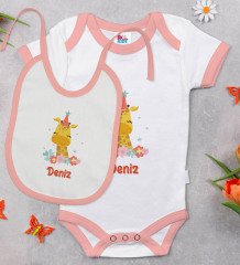 BK Kids Kişiye Özel İsimli Pembe Bebek Body Zıbın ve Mama Önlüğü Hediye Seti-21