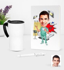 Kişiye Özel Bay Cerrah Karikatürlü Beyaz Defter Kalem ve Termos Mug Seti - 1