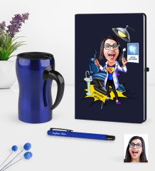 Kişiye Özel Bayan Diş Hekimi Karikatürlü Lacivert Defter Kalem Termos Mug Seti - 1