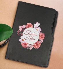 BK Gift Kişiye Özel Çiçek Tasarımlı Siyah Termo Deri Not Defteri 15x21cm-2
