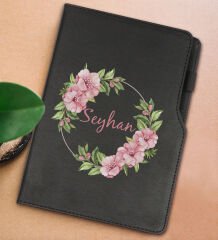 BK Gift Kişiye Özel Çiçek Tasarımlı Siyah Termo Deri Not Defteri 15x21cm-17