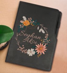 BK Gift Kişiye Özel Çiçek Tasarımlı Siyah Termo Deri Not Defteri 15x21cm-20