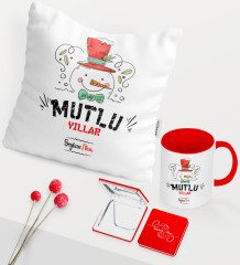 Kişiye Özel Yılbaşı Mutlu Yıllar Temalı Kırmızı Kupa Ayna Yastık Seti - 5