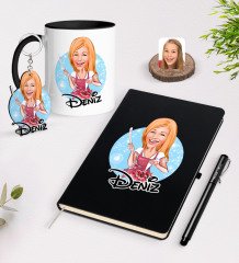 Kişiye Özel Kadın Aşçı Karikatürlü Siyah Defter Kalem Kupa ve Anahtarlık Hediye Seti-1