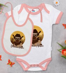 BK Kids Kişiye Özel Sevimli Kovboy Tasarımlı Pembe Bebek Body Zıbın ve Mama Önlüğü Hediye Seti-1