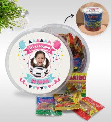 Kişiye Özel İsimli Fotoğraflı Doğum Günü Tasarımlı Dev Boy Haribo Minis Kovası (10gx100adet) Model 19