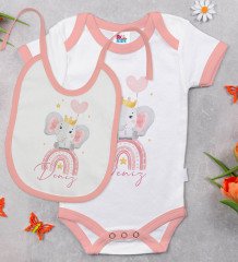 BK Kids Kişiye Özel İsimli Pembe Bebek Body Zıbın ve Mama Önlüğü Hediye Seti-11