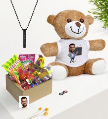 Kişiye Özel Bay Kimya Öğretmeni Karikatürlü Nostaljik Lezzetler Peluş Ayıcık Siyah Bar Kolye Hediye Seti