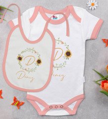 BK Kids Kişiye Özel Harfli İsimli Pembe Bebek Body Zıbın ve Mama Önlüğü Hediye Seti-3