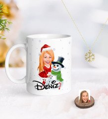 Kişiye Özel Kadın Yeni Yıl Karikatürlü Kupa ve Kar Tanesi Kolye-2